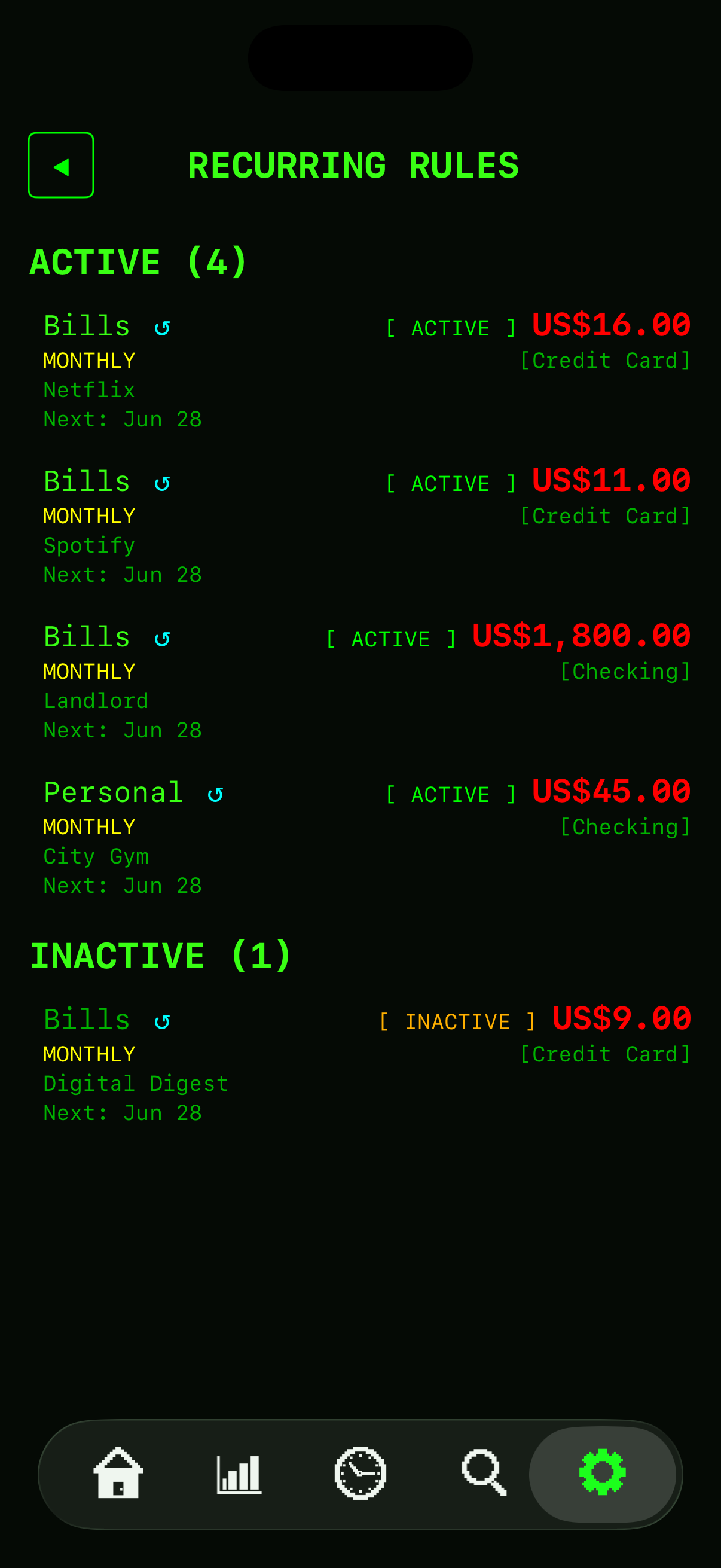 DollarGuard Recurring Rules: active and inactive subscriptions with amounts, frequency, and accounts