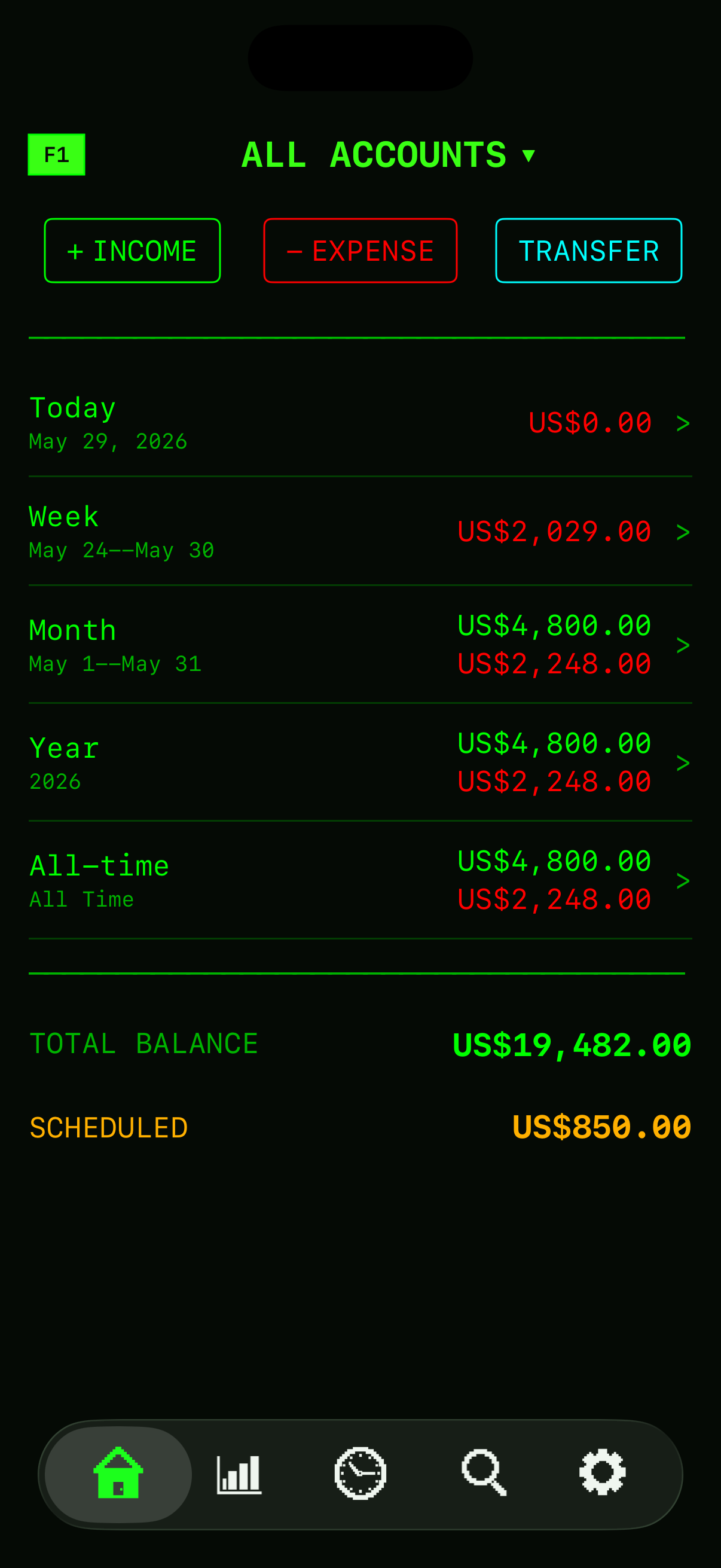 DollarGuard Spending tab: account balances and time-period totals in green-on-black terminal style